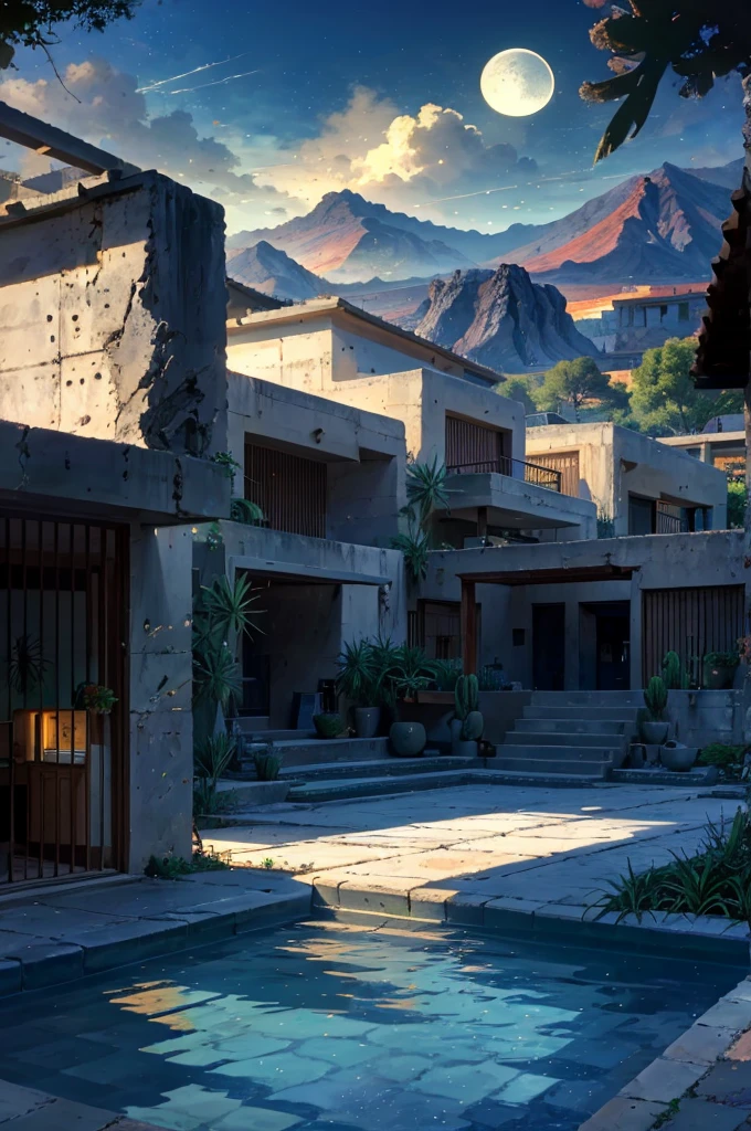 Multiple houses, brutalism style, Luis Barragán, Mountains in background, river, pool, terraces, stairs, garden terraces, trees, beautiful clouds, moon, sun, detailed, cacti, boulders, volcanic rocks, fuggy, Violet, orange, olive green, blue, magenta, amazing volcano in horizont, beautiful garden design