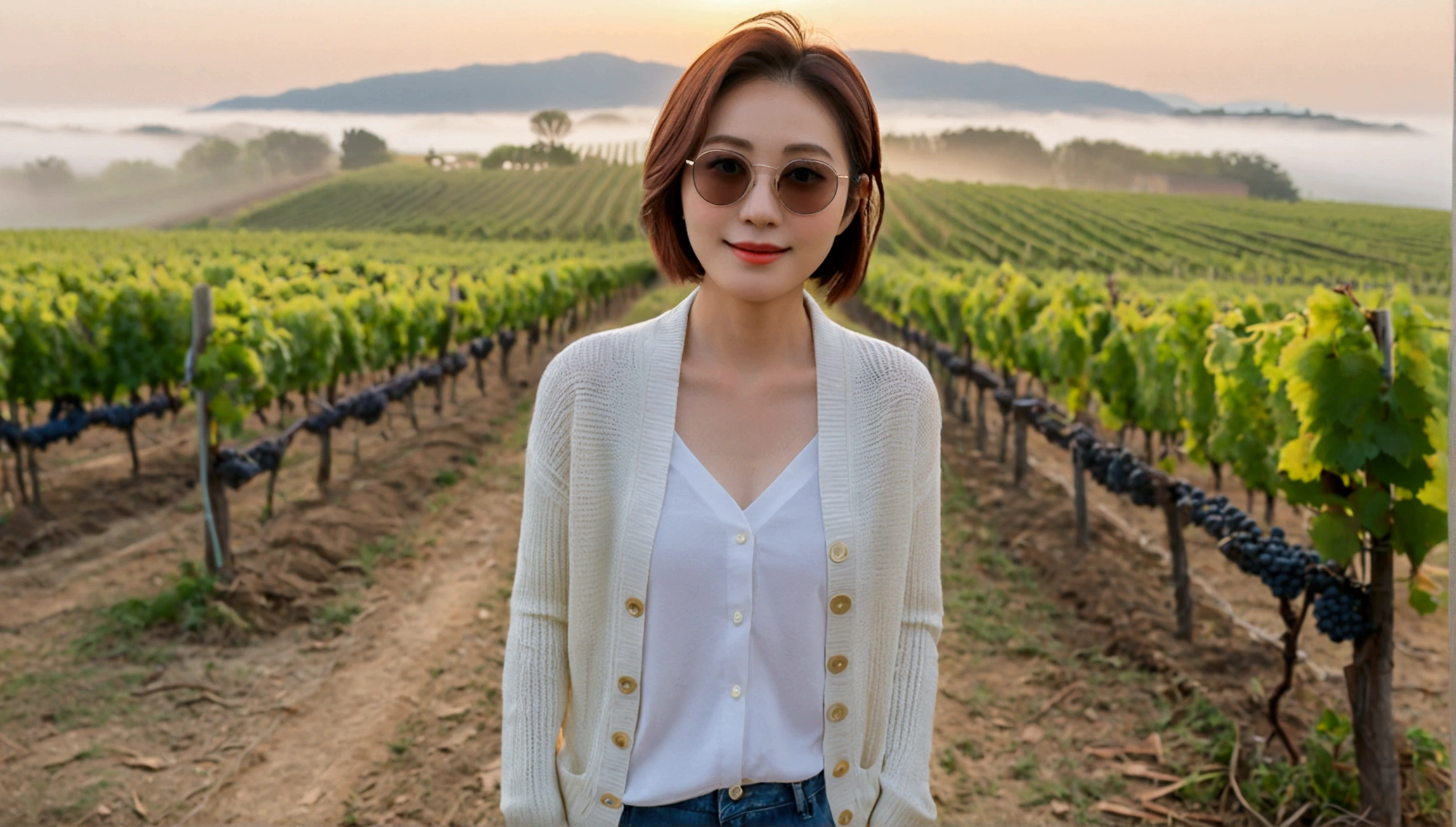 Post Creativity Upscale Transformation Upscale Download Generation Data Prompt Txt2Img 8k Realistic, lifelike photo,, 36 year old Korean woman, Short in stature, pretty like a model. front view, White shirt and short cardigan, casual pants, short medium hair, Smiley, Italy. vineyard, thick dawn fog. vineyard 지나 짙은 안개 속으로 저 멀리 성당이 보인다. Full body shot from afar with a wide angle lens , 1 woman, Short in stature, looking at the camera, Excellent picture quality, The morning fog is thick, The picture quality is alive. Full body shot with Canon 16-35 wide angle lens, Wearing sunglasses and looking up to the side, The cathedral is visible in the red morning sunlight.