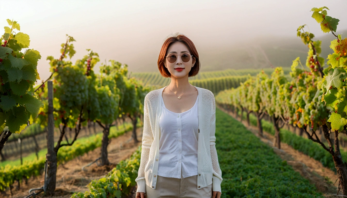 Post Creativity Upscale Transformation Upscale Download Generation Data Prompt Txt2Img 8k Realistic, lifelike photo,, 36 year old Korean woman, Short in stature, pretty like a model. front view, White shirt and short cardigan, casual pants, short medium hair, Smiley, Italy. vineyard, thick dawn fog. vineyard 지나 짙은 안개 속으로 저 멀리 성당이 보인다. Full body shot from afar with a wide angle lens , 1 woman, Short in stature, looking at the camera, Excellent picture quality, The morning fog is thick, The picture quality is alive. Full body shot with Canon 16-35 wide angle lens, Wearing sunglasses and looking up to the side, The cathedral is visible in the red morning sunlight.