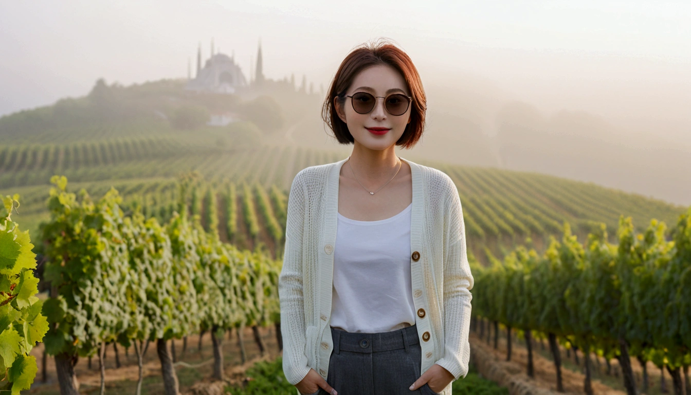 Post Creativity Upscale Transformation Upscale Download Generation Data Prompt Txt2Img 8k Realistic, lifelike photo,, 36 year old Korean woman, Short in stature, pretty like a model. front view, White shirt and short cardigan, casual pants, short medium hair, Smiley, Italy. vineyard, thick dawn fog. vineyard 지나 짙은 안개 속으로 저 멀리 성당이 보인다. Full body shot from afar with a wide angle lens , 1 woman, Short in stature, looking at the camera, Excellent picture quality, The morning fog is thick, The picture quality is alive. Full body shot with Canon 16-35 wide angle lens, Wearing sunglasses and looking up to the side, The cathedral is visible in the red morning sunlight.