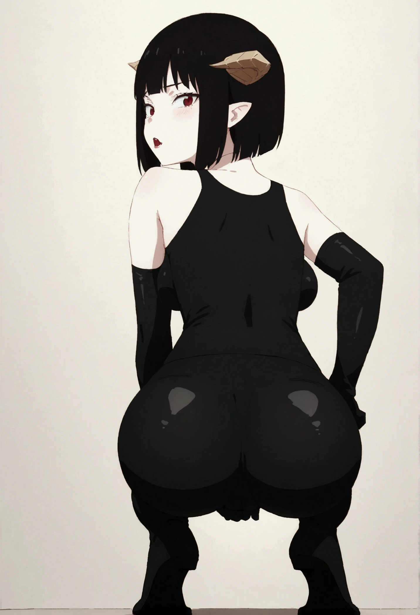 work of art, best qualityer, high qualiy, standing alone, looking ahead at viewer, (latex sports uniform: 1.2), T-side binding, standing with your back to the viewer, gazing at viewer, from low, buttocks showing, squatting down de costas, from behind, squatting down, crotch exposed, sexual expression, fangs,