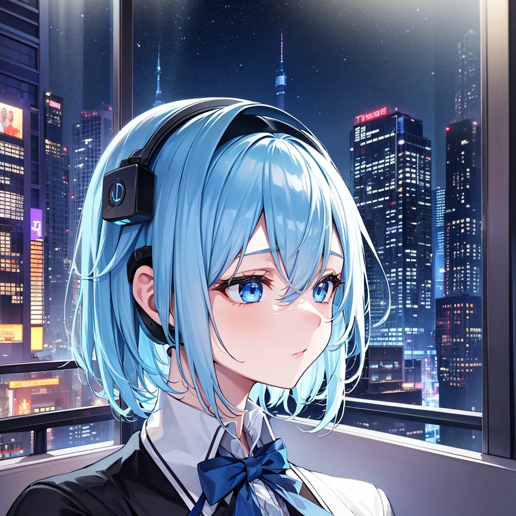 title: "The magical blue light of Shinjuku"
explanation:
This work、This is an image of a blonde girl with short hair in a dark room.。Her eyes shine blue、Dressed like a rapper。There are headphones on my head、She seems to be lost in her own world。
This work4Kの高画質で描かれており、The room is lit with blue light、It creates a fantastic atmosphere。The room is a small space like a 1K.、You can see Shinjuku's downtown area from the window.。The city is bright at night、The lights of the buildings and the shining signs are a beautiful sight.。
This work、It represents a moment away from the hustle and bustle of the city to focus on yourself and your music.、It depicts a girl with blue eyes and blonde hair having a nice time while looking at the night view of Shinjuku.。