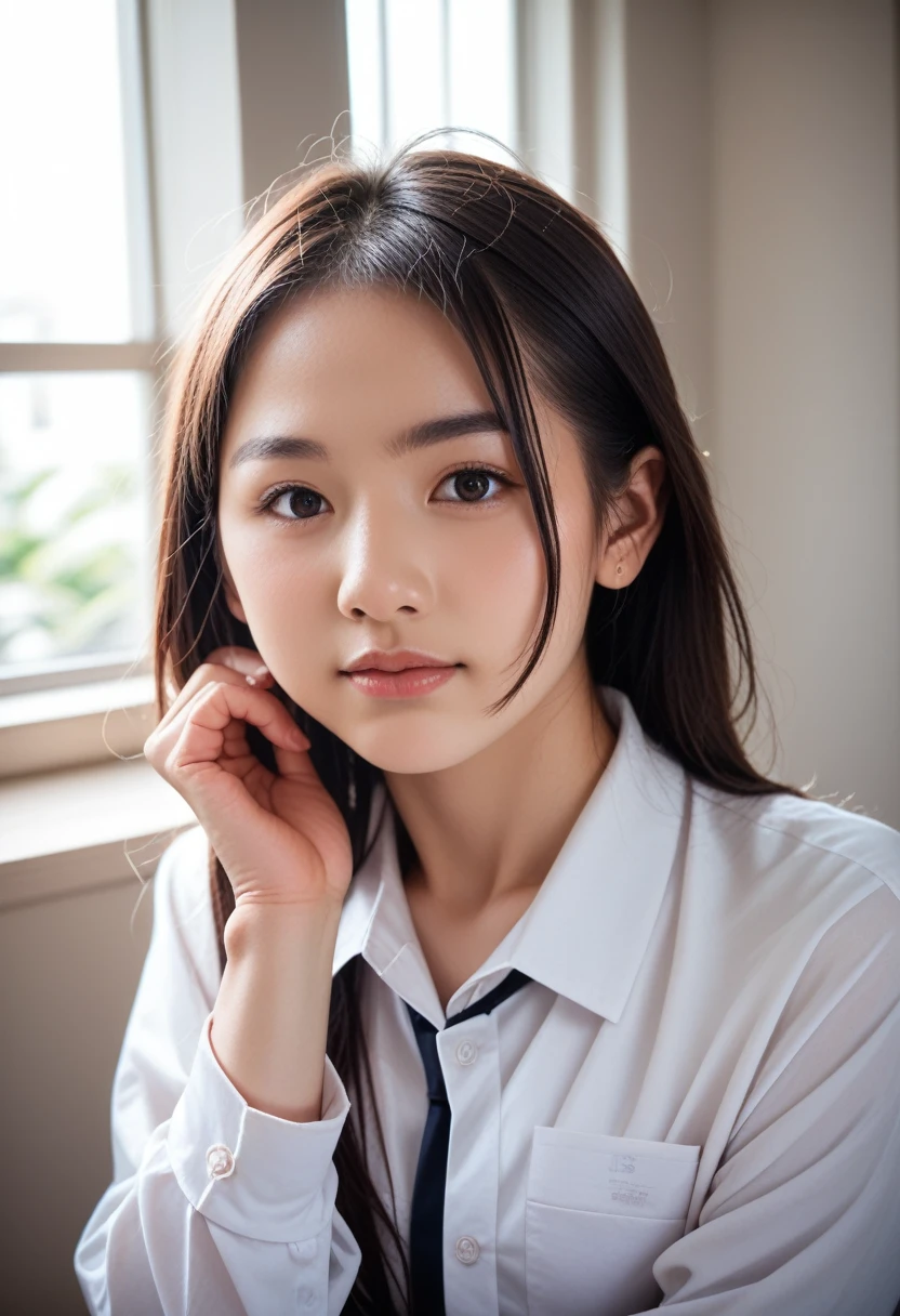 8k, raw photo, best quality, masterpiece, realistic, photo realistic, clear, professional lighting, beautiful face, best quality,ultra high res, realistic japanese beautiful, Super detailed, 1girl, indoor, feet out of frame