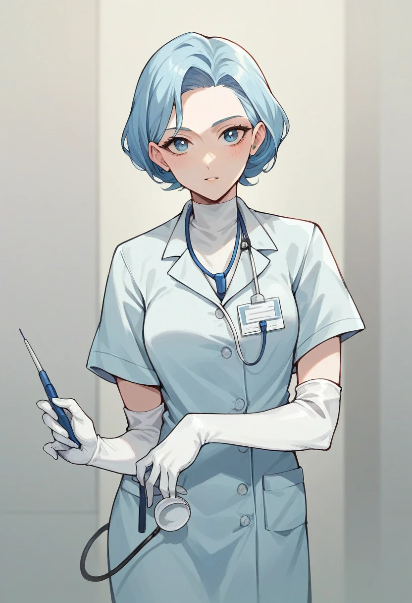 1girl, ((white elbow gloves)), ((surgical gloves)), ((latex gloves)), ((long sleeves)), ((light blue surgeon outfit)), ((doctor)), looking at viewer, standing, solo