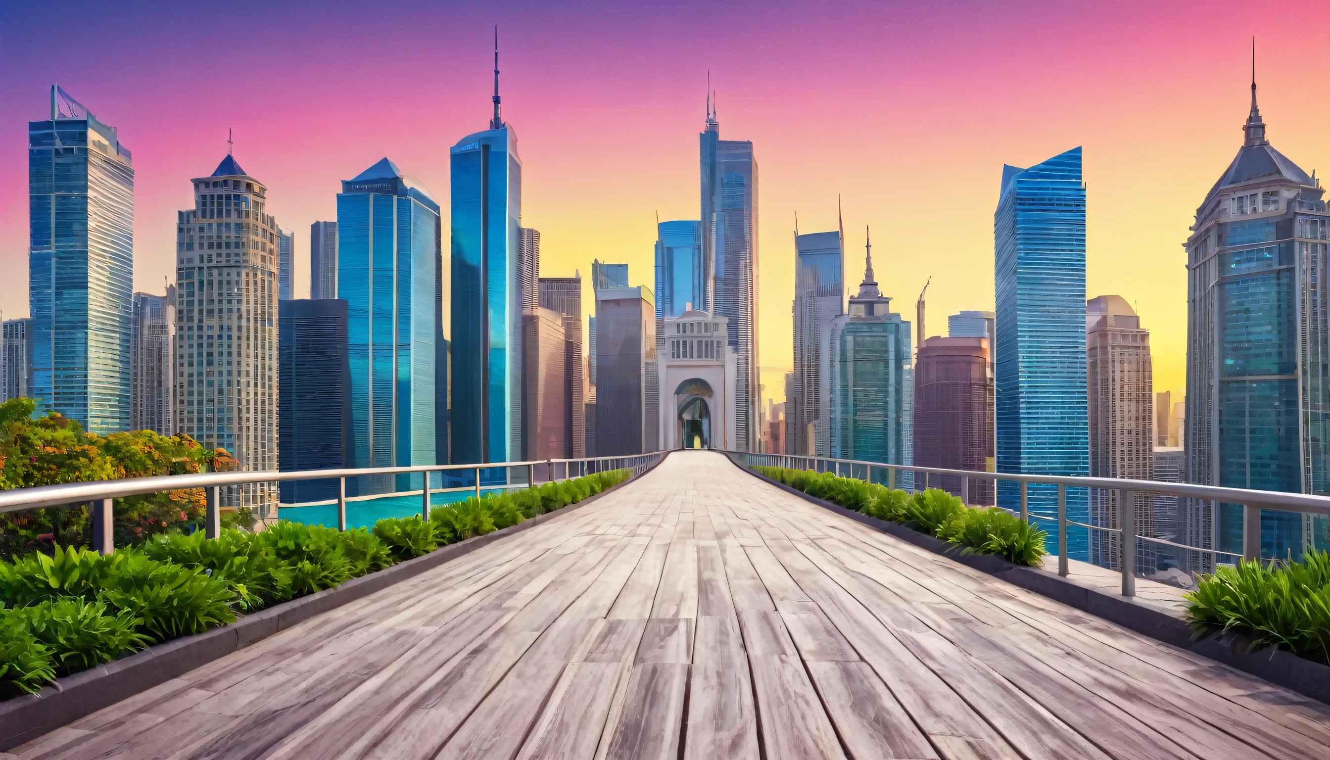 Illustrate a metaphorical pathway leading through a vibrant cityscape with skyscrapers, symbolizing the journey and challenges of entrepreneurship and business growth.