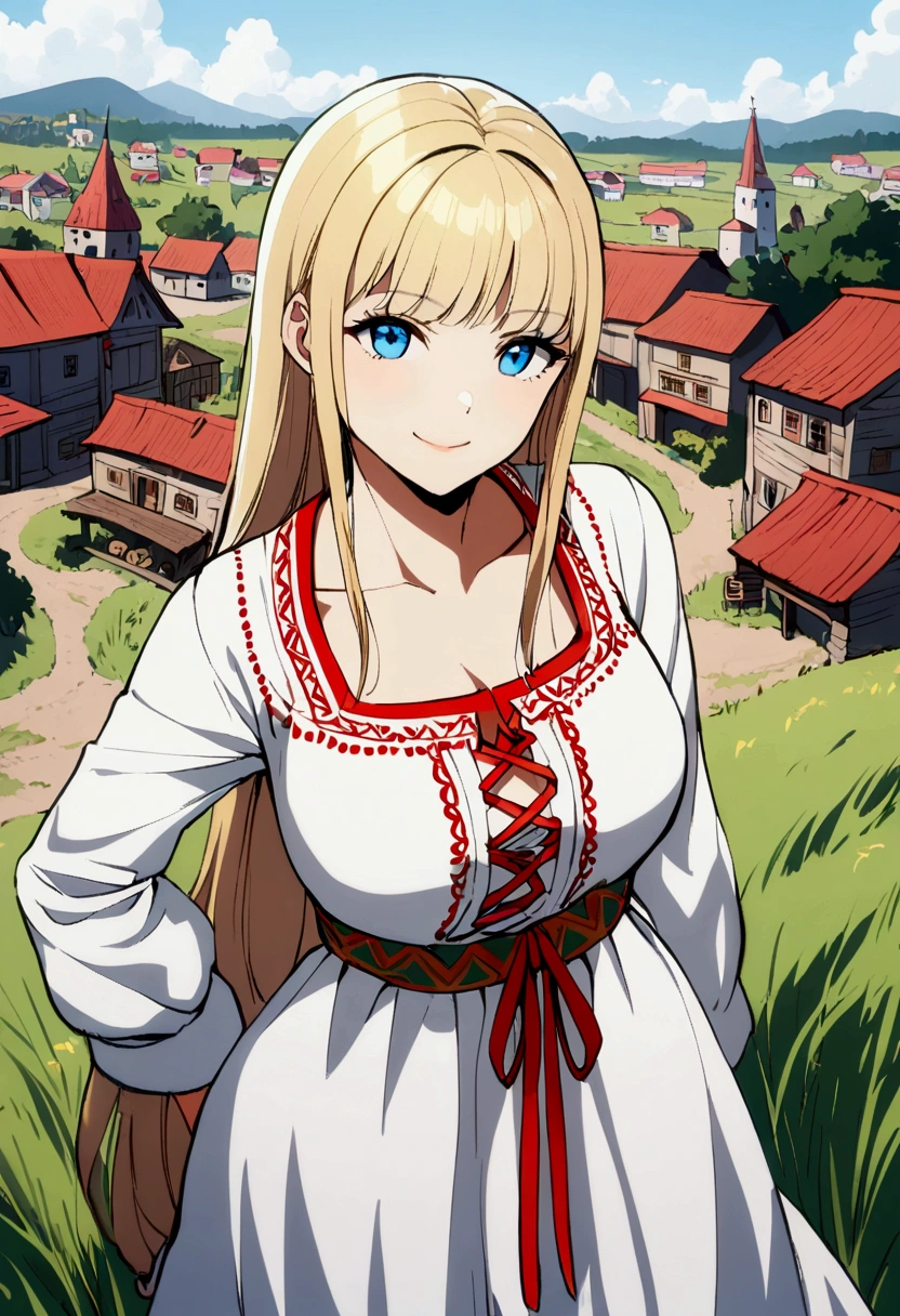 1girl with long blonde hair, blue eyes, slavic. Slavic dress, smiling. Village on background
