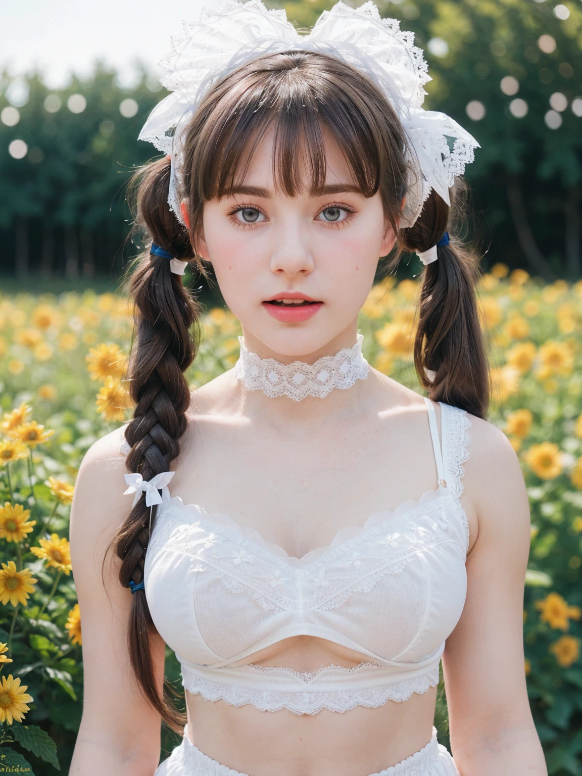 beautiful, beautiful, Russian face, 18 years old, white skin, rift, Massive Gigantic Breasts, Look sexy, Sleeveless, (white lace lolita), (embroidery), flower headband, long socks, short skirt, ((bright retina)), open mouth, ((muscle:1.3)), ((Bokeh 1.1)), Outdoor vacant land, Masterpiece, ((Bangs, long hair, twin tails)), (sky), (HDR)