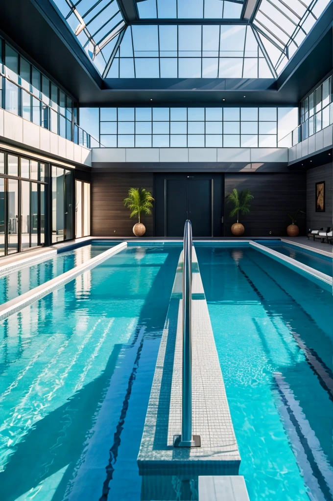 a high dive platform, a calm indoor pool, low viewpoint, water reflections, bright lighting, photorealistic, 8k, hyper detailed, dramatic lighting, realistic water, reflective surfaces, serene atmosphere, crystal clear water