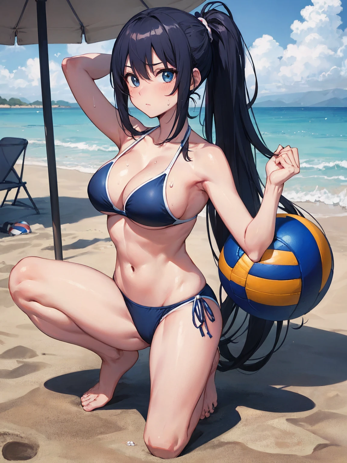 (Sweat, White skin:1.5、Aggressive Pose, ), cameltoe, Fitness, , ((Beach volleyball bikini)),Big Breasts, Sturdy body、Healthy Body、((Big Eyes in Anime)), back、Very long dark blue hair、ponytail、Squat