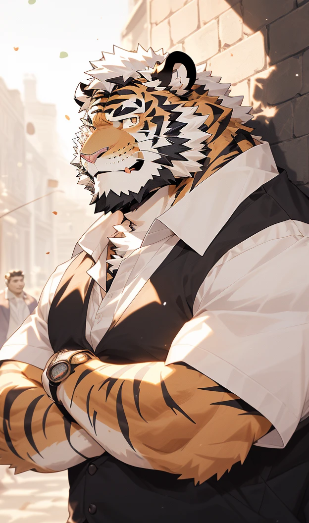 hairy,(tiger,Black short sleeve:1.3,Against the wall:1.3)beard,Golden fur,(smokes:1.3),Smile,male,,thick,Common,full-body shot,Real background,极其lifelike阴影,masterpiece,Very detailed,lifelike。