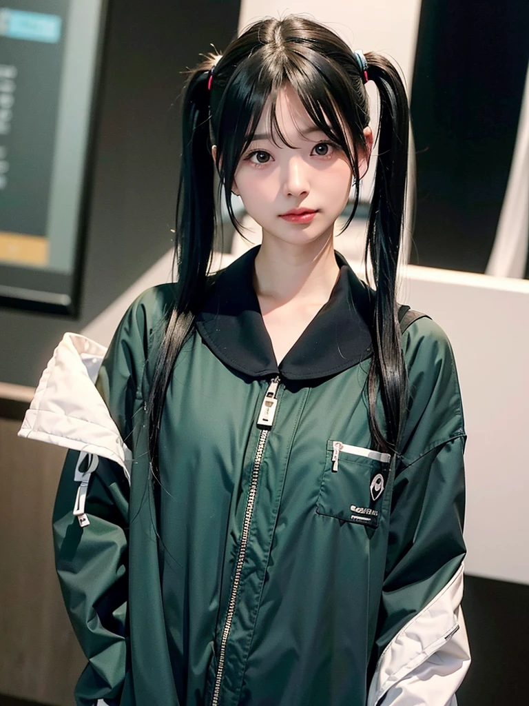 40-year-old Japanese woman、Black Hair、The hair is very short、Twin tails、Hatsune Miku's outfit、headphones、flat chest、Realistic photos、Realistic、8K quality、tall、No bangs、ストリートスナップ