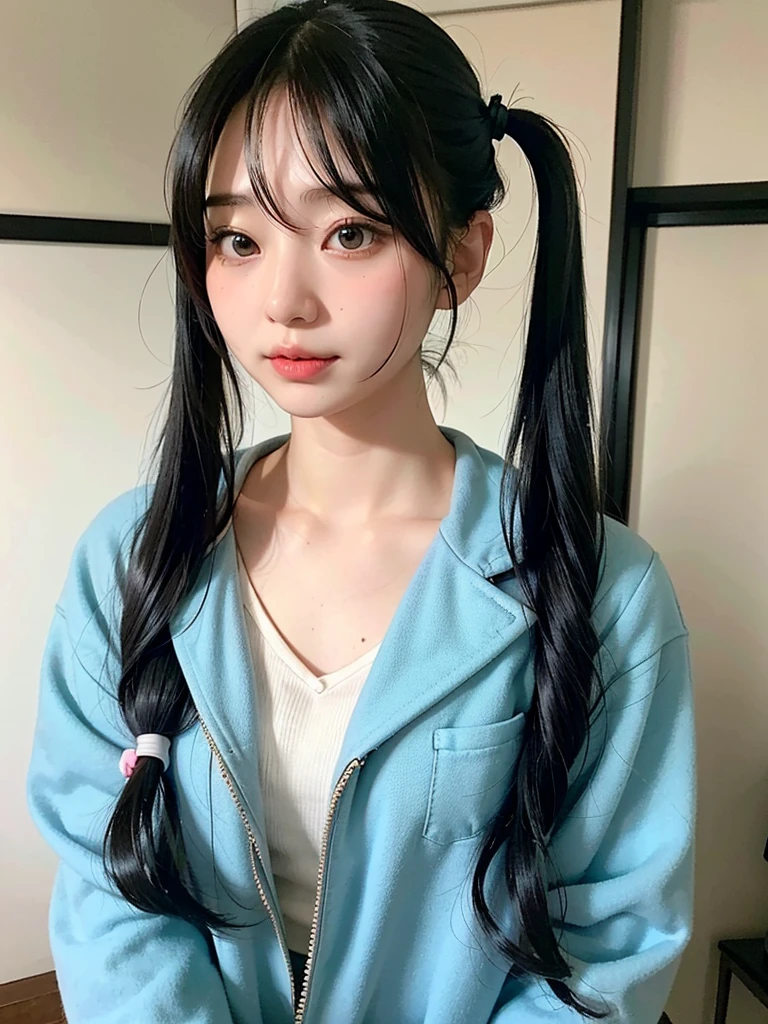 40-year-old Japanese woman、Black Hair、The hair is very short、Twin tails、Hatsune Miku's outfit、headphones、flat chest、Realistic photos、Realistic、8K quality、tall、No bangs、ストリートスナップ