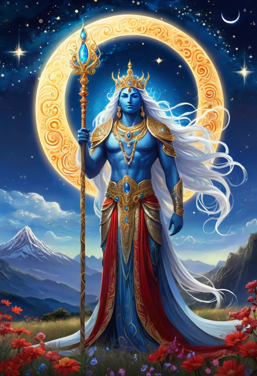 Create a detailed digital artwork featuring a majestic, glowing deity with blue skin and long white flowing hair. The deity is adorned with intricate jewelry and a crown, holding a large ornate staff. He is wearing a red cloth around his waist, and his body is illuminated with sparkles. The scene is set in a field of glowing flowers under a starry night sky with a crescent moon. The deity has a powerful and serene presence, with a tail visible behind him. The background includes distant mountains and a glowing horizon.