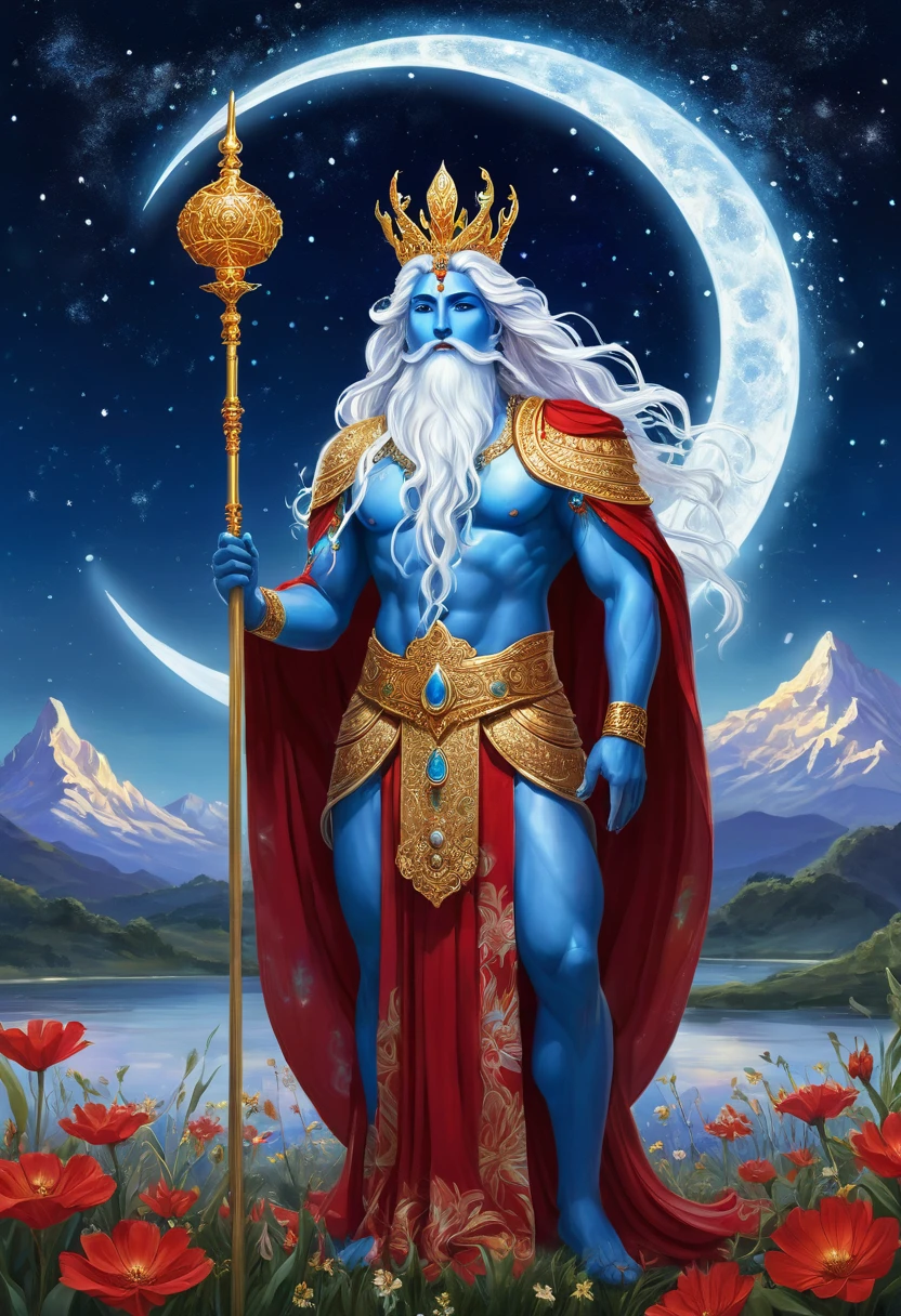 Create a detailed digital artwork featuring a majestic, glowing deity with blue skin and long white flowing hair. The deity is adorned with intricate jewelry and a crown, holding a large ornate staff. He is wearing a red cloth around his waist, and his body is illuminated with sparkles. The scene is set in a field of glowing flowers under a starry night sky with a crescent moon. The deity has a powerful and serene presence, with a tail visible behind him. The background includes distant mountains and a glowing horizon.