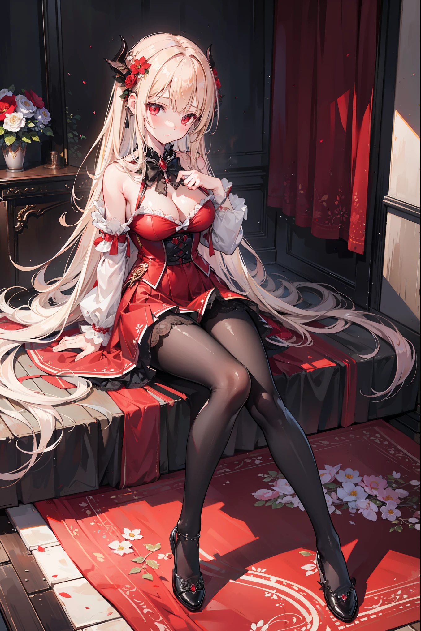 (Extremely detailed CG unification),Detailed clothes, masterpiece, Extremely delicate and beautiful, full-body shot, 1 Girl, Sitting,  Messy hair, Beautiful and delicate eyes，Red eyes, Lace pantyhose，Floral scent，Succubus&#39;s horns，Shoes for girls，Avoid extra feet，Bloody Gothic Tight Long Skirt，Damaged clothes，Broken creative scene