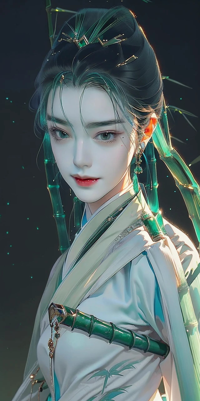 (best quality:1.2), (high resolution:1.2), (beautiful face and eyes:1.2), (The sharpest focus:1.2), (Ultra-realistic photos:1.2), (Extremely accurate photos:1.2), (depth of field:1.2), (8k high resolution:1.2), (perfect anatomy:1.2), (Beautiful hands:1.5),
(perfect hand:1.5), (Chinese men are young and masculine and elegant and beautiful.:1.5), (beautiful noblewoman:1.0), (beautiful noblewoman:1.0), (Shiny blue hermit outfit, beautifully embroidered.:1.0), (gentle smile:1.3),
(Playing the emerald colored bamboo flute:1.5), (A secluded, hermit-like place deep in the mountains of China.:1.0), (Mysterious paradise:1.2), (Birds and animals Gather together to listen to the sound of the flute.:1.3), (Look at the angle:1.0),
