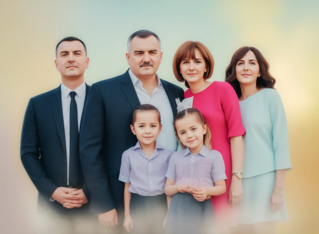 The man in his 50s with black very short hair and smooth face with moustache. The woman in her 55s with brown wavy long hair. The three girl in their 25s. The three boy in their 25s. The girl in her 15s. The baby boy in his 3s. The man is wearing a dark black suit with tie. The woman is wearing yellow floral dress.In the garden Istanbul Bosphorus view. The man and the woman are sitting. The baby boy is sitting on the man's lap. The 15s girl is sitting on the woman's lap.The girls and the boys are standing. Smiling. HDR. UHD. Cinematic.