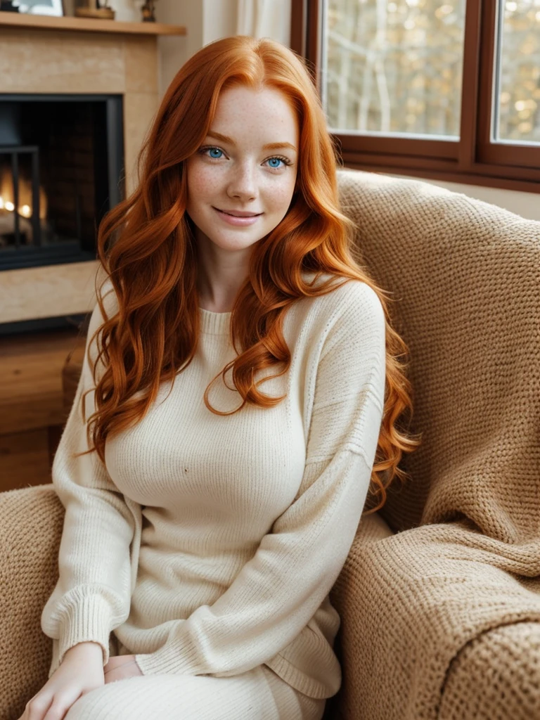 A happy, full body beautiful photo of the most beautiful busty redhead young woman, natural beauty, no makeup with pale skin, long wavy rich ginger hair, blue eyes, hollow cheeks, freckles on face and body, wearing an elegant sweather in a cozy living room (Ultra details, High Quality)