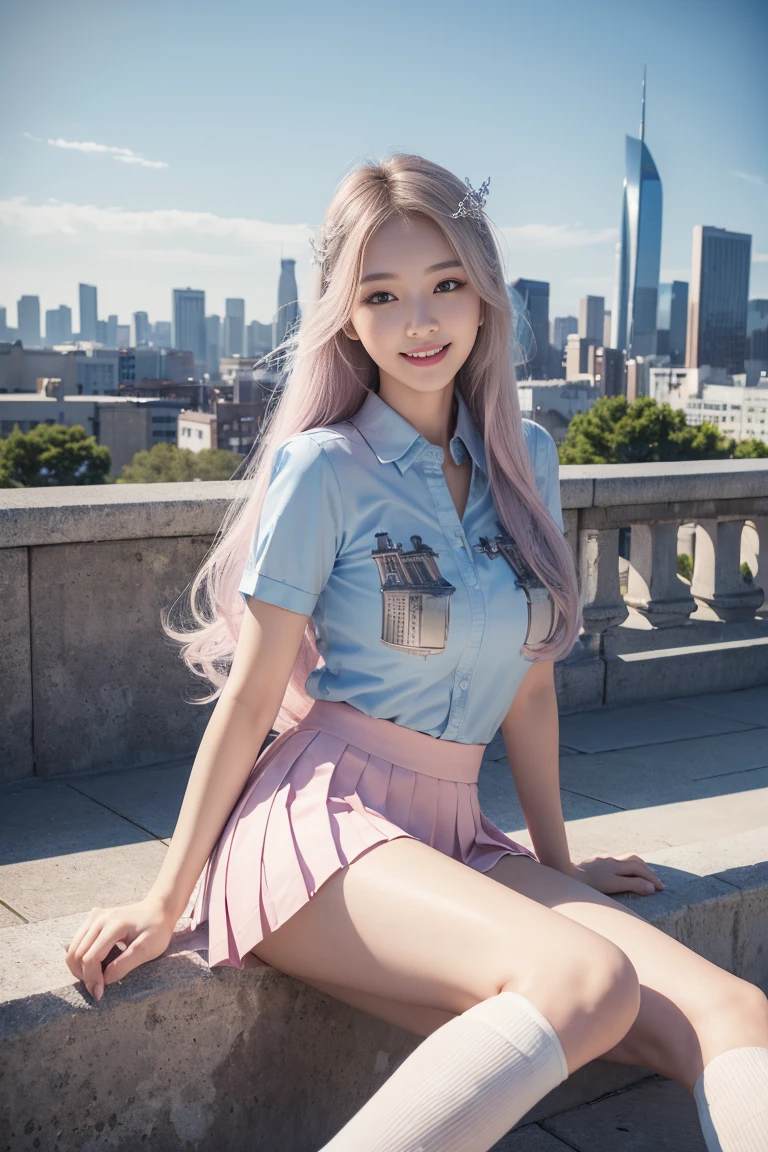 official art, masterpiece, sharp focus, (beautiful gorgeous cute Korean woman:1.3), (beautiful cute korean:1.3), korean beauty, Delicate and beautiful hair and eyes and face, realistic, ultra detailed, beautiful girl, blue sky, glow white particle, (sidelighting:1.2), sun light, white cloud, detailed clouds, slender, Lovely very large breasts and very large hips, smile with teeth, ((smile with eyes, open both eyes)), scenery, long straight hair, sexy facial expression, building, (cityscape:1.7), dynamic hair, long straight hair, detailed platinum pink hair, glow blue eyes, (blue pleated shirts + white skirt), white long socks, pale skin, hair ornament, epic scenery,