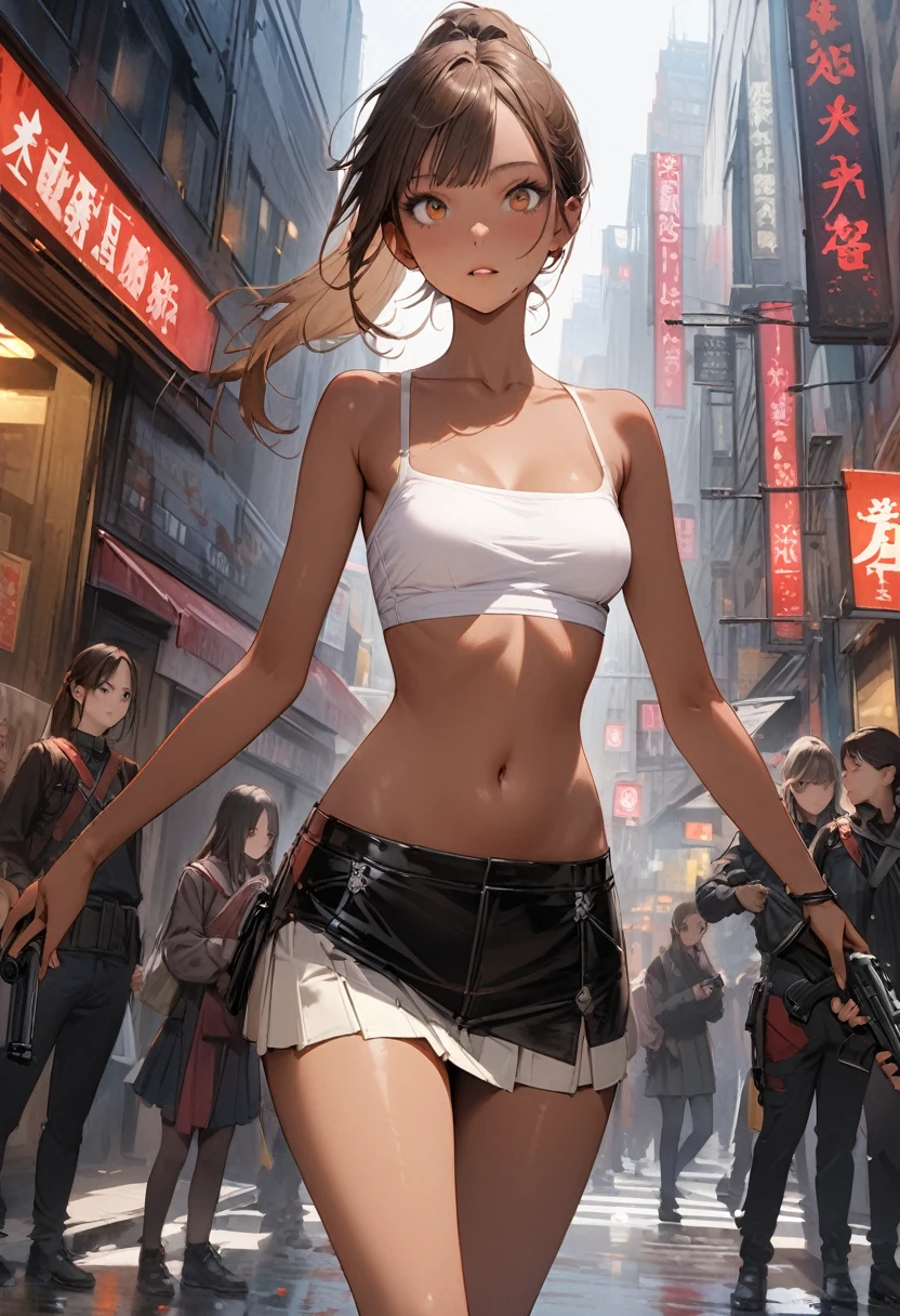 ((masterpiece,Highest quality:1.3,best quality illustration)),(realistic),cowboy shot,独奏,1woman,25 year old beauty,brown hair,ponytail hair,long hair,bangs,brown eyes,(gorgeous big eyes),((very small head:1.3)),((very long body:1.2,skinny)),((tan skin:1.4)),medium breasts,Black leather double rider jacket、White tube top shirt、navel,Black pleated mini skirt,(Hold a gun、Shoot a gun),gleaming skin,slender body,Writhing Zombies、on street,New York City、Resident Evil World、