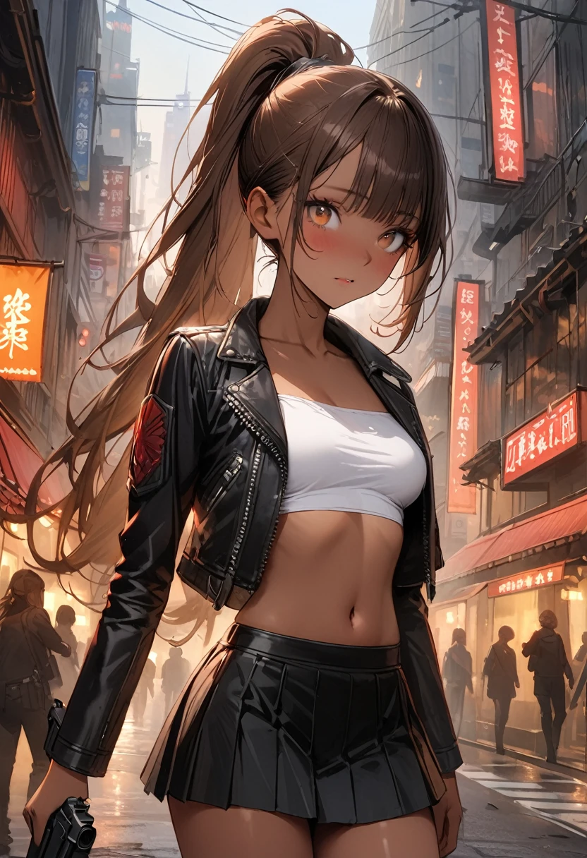 ((masterpiece,Highest quality:1.3,best quality illustration)),(realistic),cowboy shot,独奏,1woman,25 year old beauty,brown hair,ponytail hair,long hair,bangs,brown eyes,(gorgeous big eyes),((very small head:1.3)),((very long body:1.2,skinny)),((tan skin:1.4)),medium breasts,Black leather double rider jacket、White tube top shirt、navel,Black pleated mini skirt,(Holding a precisely rendered handgun、),gleaming skin,slender body,on street,New York City、Resident Evil World、