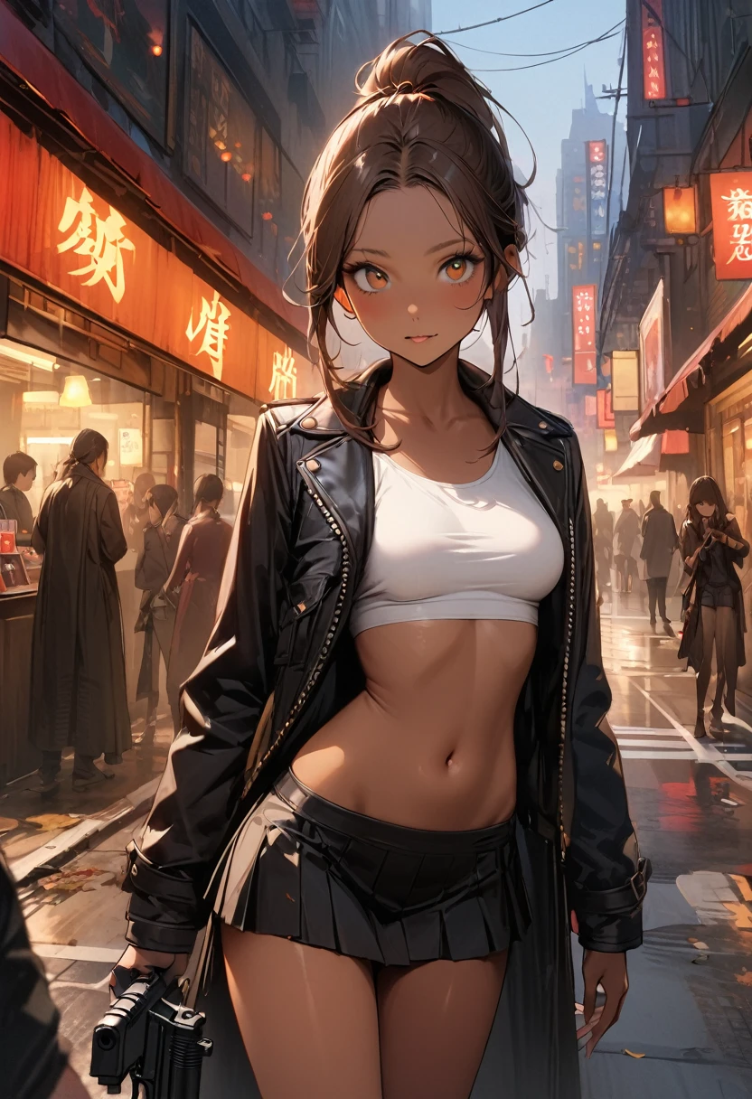 ((masterpiece,Highest quality:1.3,best quality illustration)),(realistic),cowboy shot,独奏,1woman,25 year old beauty,brown hair,ponytail hair,long hair,bangs,brown eyes,(gorgeous big eyes),((very small head:1.3)),((very long body:1.2,skinny)),((tan skin:1.4)),medium breasts,Black leather double rider jacket、White tube top shirt、navel,Black pleated mini skirt,(Hold a gun、Shoot a gun),gleaming skin,slender body,Writhing Zombies、on street,New York City、Resident Evil World、