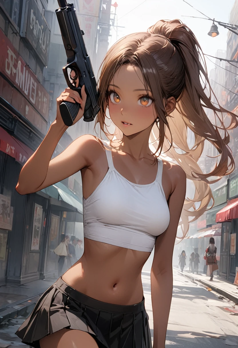((masterpiece,Highest quality:1.3,best quality illustration)),(realistic),cowboy shot,独奏,1woman,25 year old beauty,brown hair,ponytail hair,long hair,bangs,brown eyes,(gorgeous big eyes),((very small head:1.3)),((very long body:1.2,skinny)),((tan skin:1.4)),medium breasts,Black leather double rider jacket、White tube top shirt、navel,Black pleated mini skirt,(Hold a gun、Shoot a gun),gleaming skin,slender body,Writhing Zombies、on street,New York City、Resident Evil World、