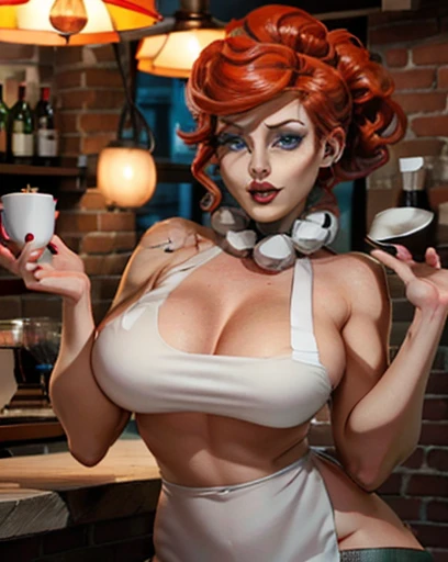 degenerate girl, big tits , asymmetrical face, blue eyes,  Red hair, curvy barista, naked, monkey apron only,  perfect detailed 12k, cafe and bar, With lights ,gothic makeup 