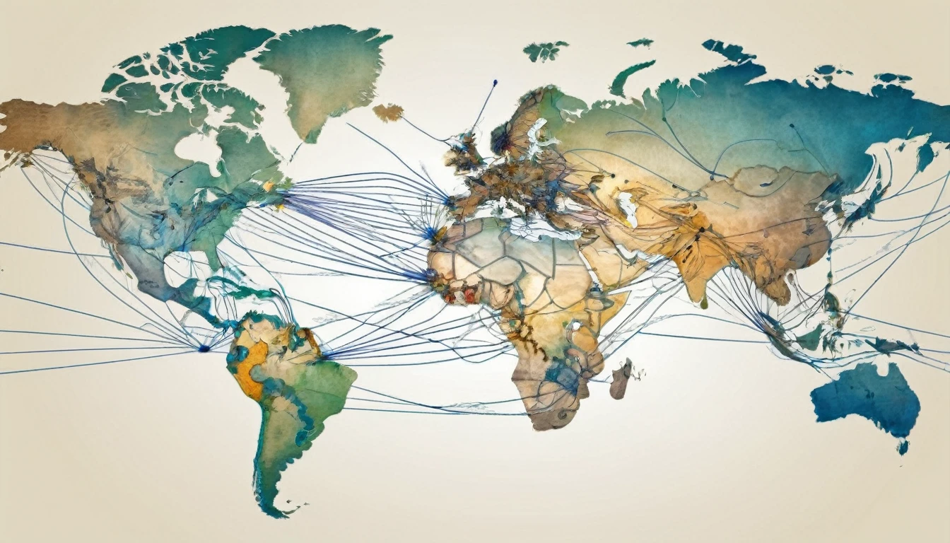 Depict a world map with interconnected nodes and lines, representing global business networks, trade routes, and international markets.