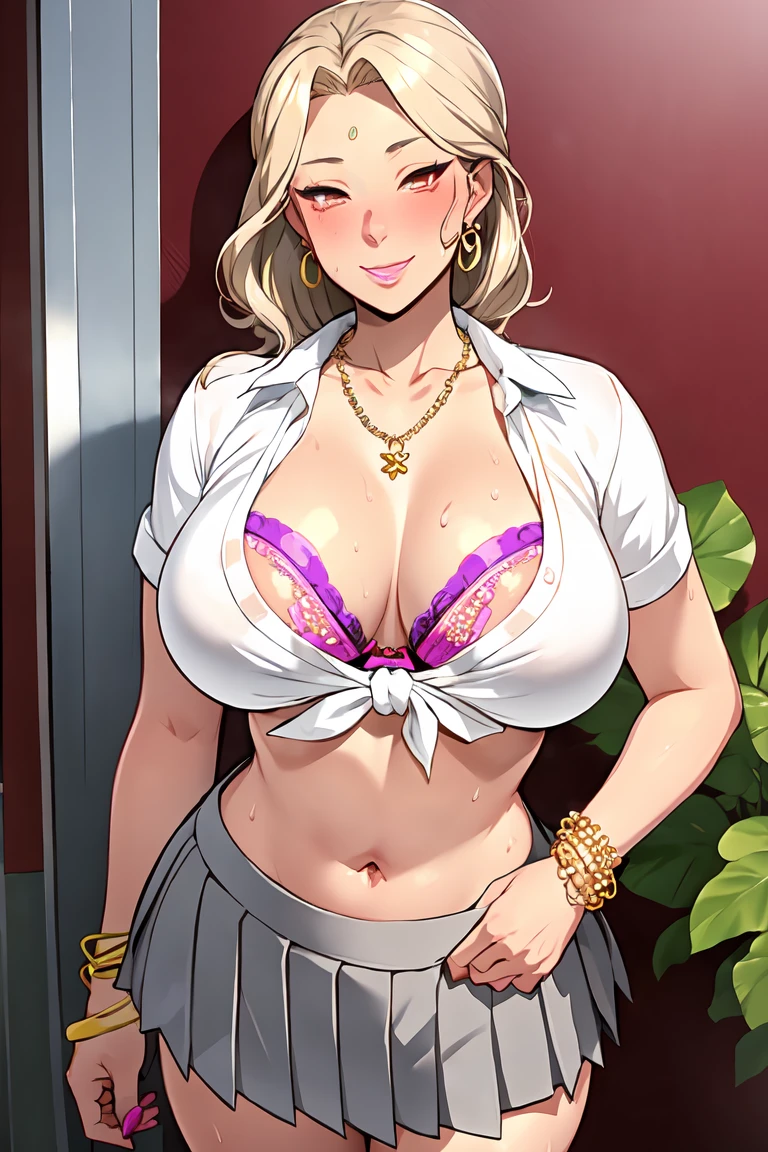 masterpiece, best quality, 1girl, solo, breasts, cleavage, looking at viewer, sweat, large breasts, collared shirt, tied shirt, pleated skirt, flashy gyaru, happy, showy,too many accessories, colorful , kogal, kogal gyaru, necklace, earrings, bracelet, bra handbag, navel, midriff, (makeup)