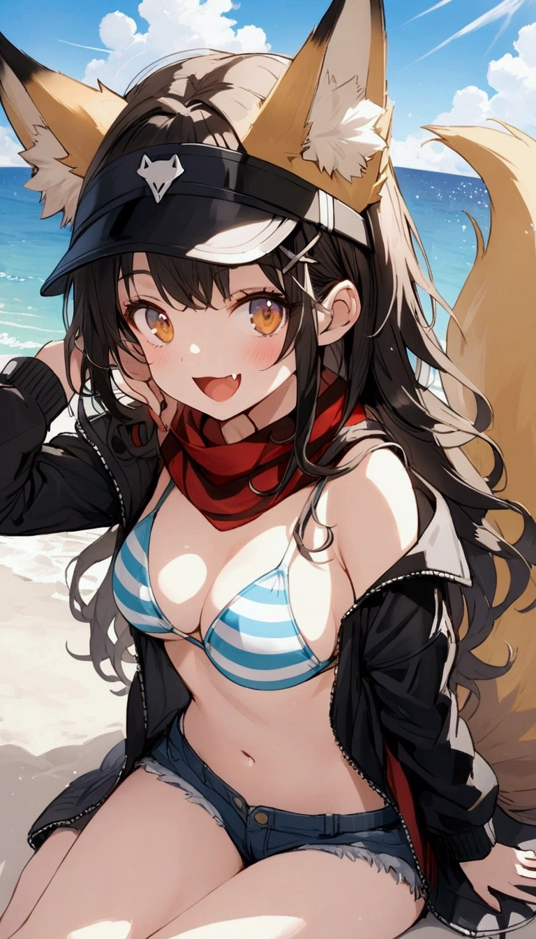 a cartoon girl in beach top and denim shorts sitting by the ocean with head down, swimsuit, 1girl, bikini, animal ears, tail, solo, shorts, outdoors, breasts, navel, jacket, smile, looking at viewer, long hair, fox tail, black jacket, striped, fox ears, :d, open clothes, micro shorts, visor cap, off shoulder, open mouth, stomach, open jacket, animal ear fluff, day, striped bikini, fang, sky, scarf, hair ornament, short shorts, string bikini