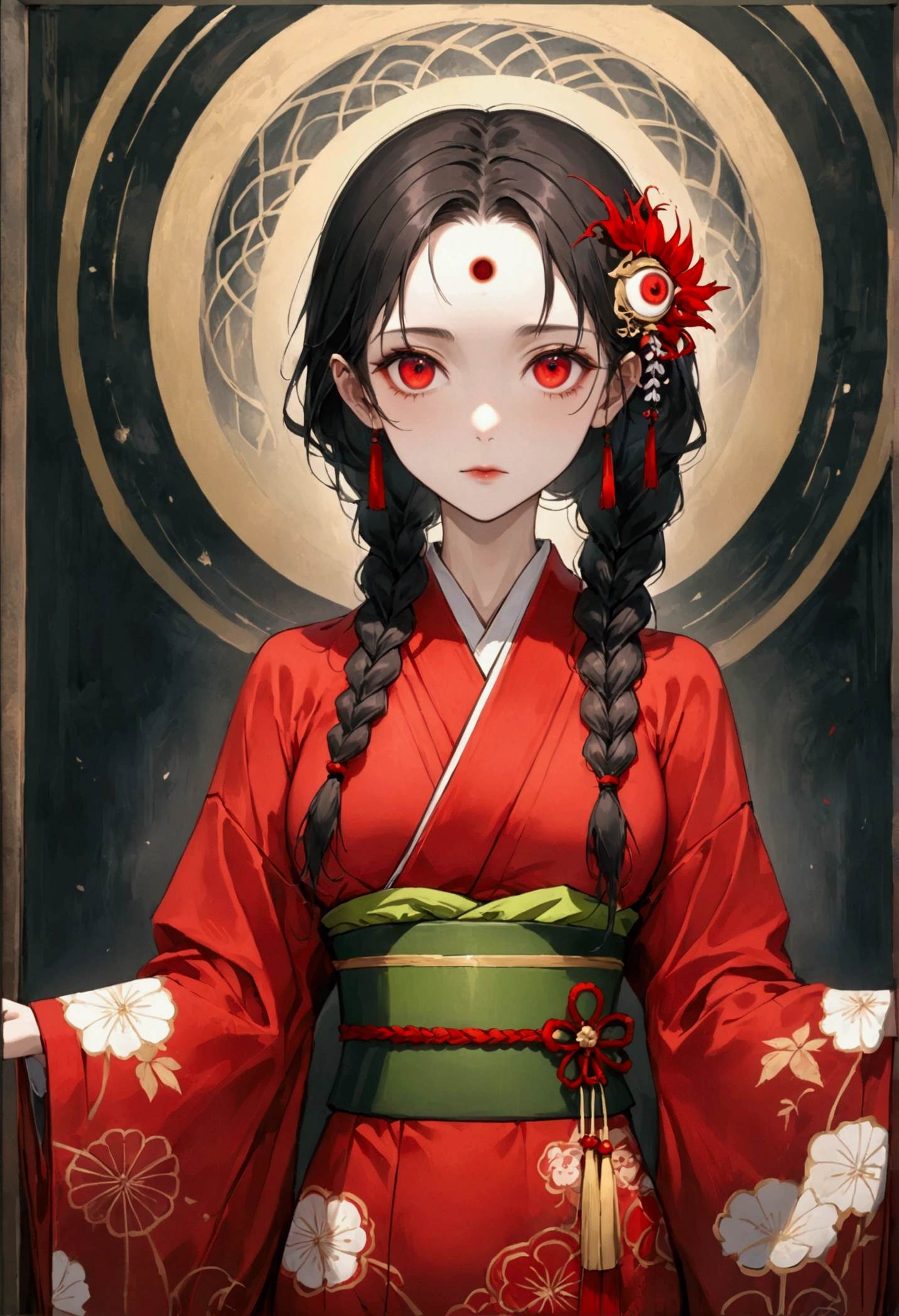 (((1 Girl，Double braid，solo，third red eye on the forehead，))),(((Gorgeous Japanese red kimono：1.6，Eye Diagram，dark pattern))).(((Thin waist，Greenbelt：1.37)))whole body