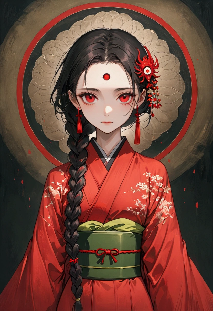 (((1 Girl,Double braid,solo,third red eye on the forehead,))),(((Gorgeous Japanese red kimono:1.6,Eye Diagram,dark pattern))).(((Thin waist,Greenbelt:1.37)))whole body