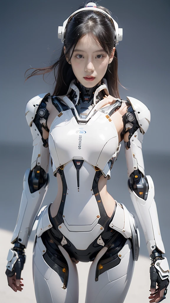 {{best quality, 1080P, Masterpiece, Ultra high resolution, photorealistic, ultra realism, Realistic skin texture, Extreme skin detail, dslr, Detailed eyes, blue eyes, Facing the camera, A very beautiful young face, Concise facial structure, Pale skin, Realistic skin texture, Extreme skin detail, oc render reflection textures, Realistic light and shadow, Single picture, alone, beautiful chinese girl face, The body is slim and balanced., Age 20, Height 170, naked girl, NUDE, sexy pose, no underwear, A girl with the body of a mechanical robot., Transparent futuristic black glass mech armor suit, The mechanical cervix is attached to the neck., flat stomach, Girl with perfect robot arms and legs, You can see the pattern from the top of the head to the feet., Stand until you can see your feet., full body view, Whole body photo.}}