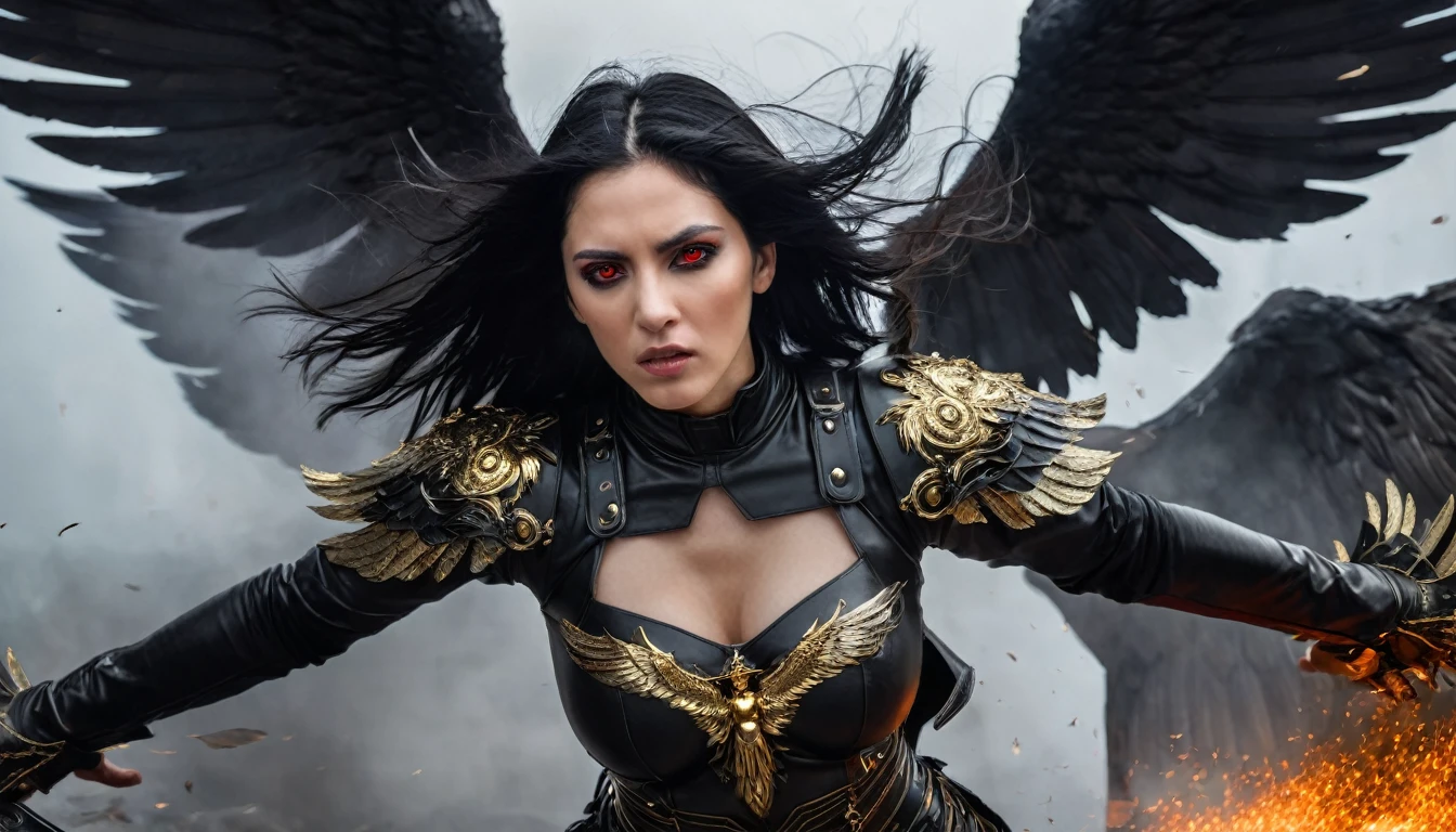 Woman, caucasiana, red eyes, expressive face, overhanging, loose black hair, bust image, black armor with gold detail, flying over, fallen angel with black wings, purgatory background.