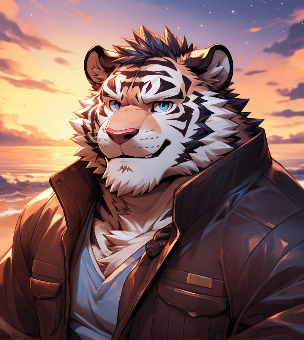 human nature, cannon, male, solitary, ((Round Face, The face is plump,Deep blue eyes,)), ((Endomorph, Handsome，Handsome)), (White shirt，wearing a jacket), ((domestic White Tiger, White Tiger), （Sky blue scales），(Across the beach), Bokeh, full-body shot，(high quality, high resolution, Masterpiece 1.2), (Dynamic Lighting, Vibrant colors), (Generous smile，My face turned slightly red，Love on the face，shoulder sword，early stage), , Front view (close up), cartoon, author：Takemoto Arashi, From Zixiong, author：Spring Mud, author：Fuzzy，（background：Sunset Rose Sea Starry Sky 1.5），glow,Auspicious Clouds，background丰富详细