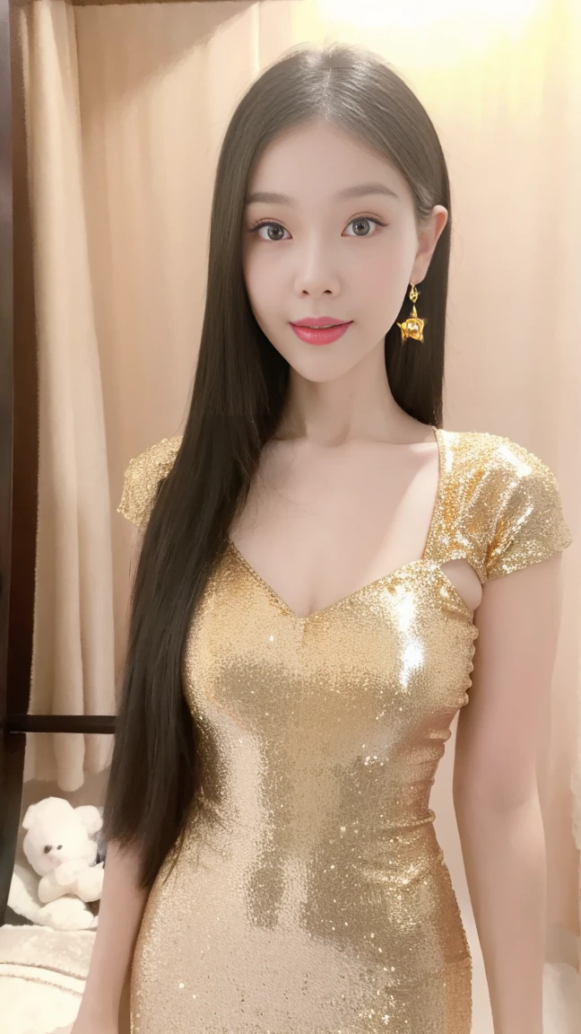 a beautiful woman with long black hair, surrealistic, 8k, ultra-detailed, high resolution, masterpiece, anatomically correct, detailed skin texture, extremely detailed, high quality, best quality, 8k, beautiful woman, (golden dress:1.5), shimmering dress, princess, western castle