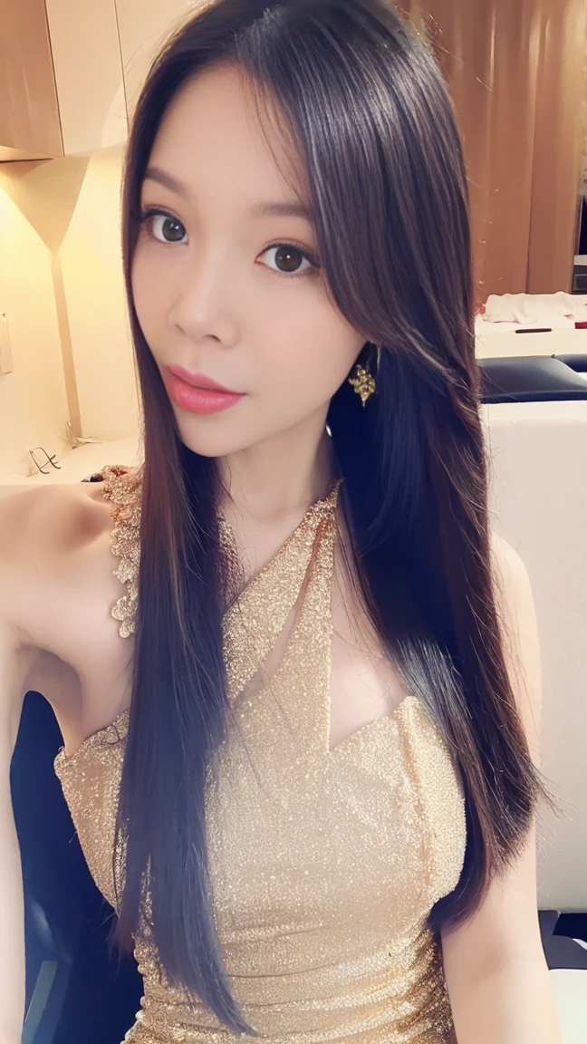 a beautiful woman with long black hair, surrealistic, 8k, ultra-detailed, high resolution, masterpiece, anatomically correct, detailed skin texture, extremely detailed, high quality, best quality, 8k, beautiful woman, (golden dress:1.5), shimmering dress, princess, western castle