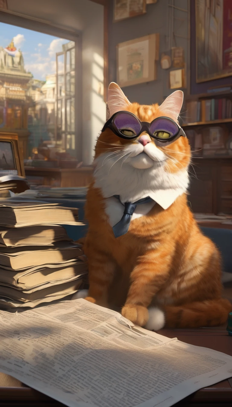 (Highly detailed CG Unity 8k wallpaper、masterpiece、Highest quality、Very detailed)、(Best lighting、Best Shadow、Very delicate and beautiful)、Highest quality、8k、Detailed facial depiction、masterpiece、Highest quality、Crisp image quality、 A fat cat wearing glasses reading a newspaper。, Pop Art Painting, Facing forward