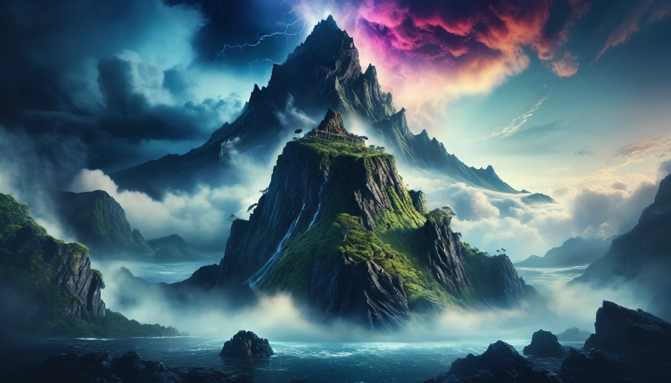 realistic cinematic dramatic view of a mysterious island with a surreal upside down mountain,Giant Wolf on top of mountain , stormy nebula sky, dramatic cloudy atmosphere, epic lighting, highly detailed, award winning, 8k, photorealistic, intricate details, dramatic colors, volumetric fog, cinematic composition, dramatic shadows and highlights, moody and mysterious atmosphere