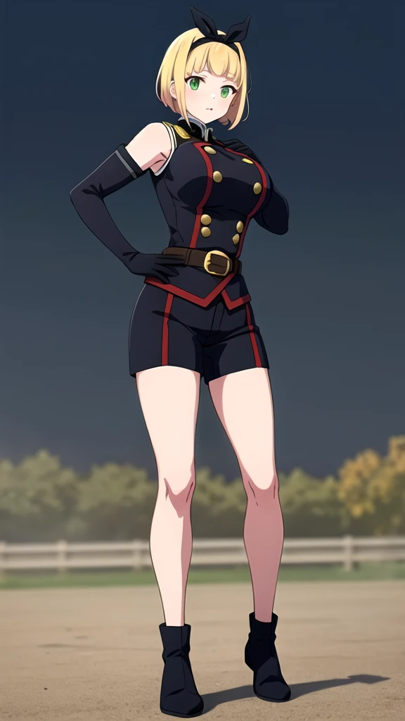 masterpiece, best quality, outdoors, Hands down, black sky background, uniform,  gloves, elbow gloves, belt, black gloves, shorts,  black shorts, Shushu Suruga, 1girl,  yellow hair, green eyes, looking at viewer, short hair, large breasts, hairband, bangs, hands down, idle, full body