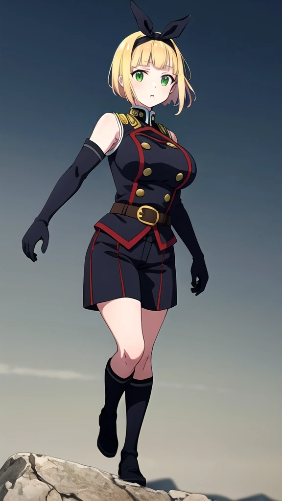 masterpiece, best quality, outdoors, Hands down, black sky background, uniform,  gloves, elbow gloves, belt, black gloves, shorts,  black shorts, Shushu Suruga, 1girl,  yellow hair, green eyes, looking at viewer, short hair, large breasts, hairband, bangs, hands down, idle, full body