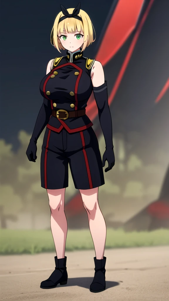 masterpiece, best quality, outdoors, Hands down, black sky background, uniform,  gloves, elbow gloves, belt, black gloves, shorts,  black shorts, Shushu Suruga, 1girl,  yellow hair, green eyes, looking at viewer, short hair, large breasts, hairband, bangs, hands down, idle, full body