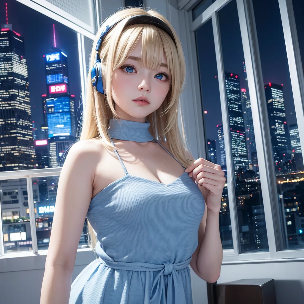 title: "The magical blue light of Shinjuku"

explanation:
This work、This is an image of a blonde girl with short hair in a dark room.。Her eyes shine blue、Dressed like a rapper。There are headphones on my head、She seems to be lost in her own world。

This work4Kの高画質で描かれており、The room is lit with blue light、It creates a fantastic atmosphere。The room is a small space like a 1K.、You can see Shinjuku&#39;s downtown area from the window.。The city is bright at night、The lights of the buildings and the shining signs are a beautiful sight.。

This work、It represents a moment away from the hustle and bustle of the city to focus on yourself and your music.、It depicts a girl with blue eyes and blonde hair having a nice time while looking at the night view of Shinjuku.。