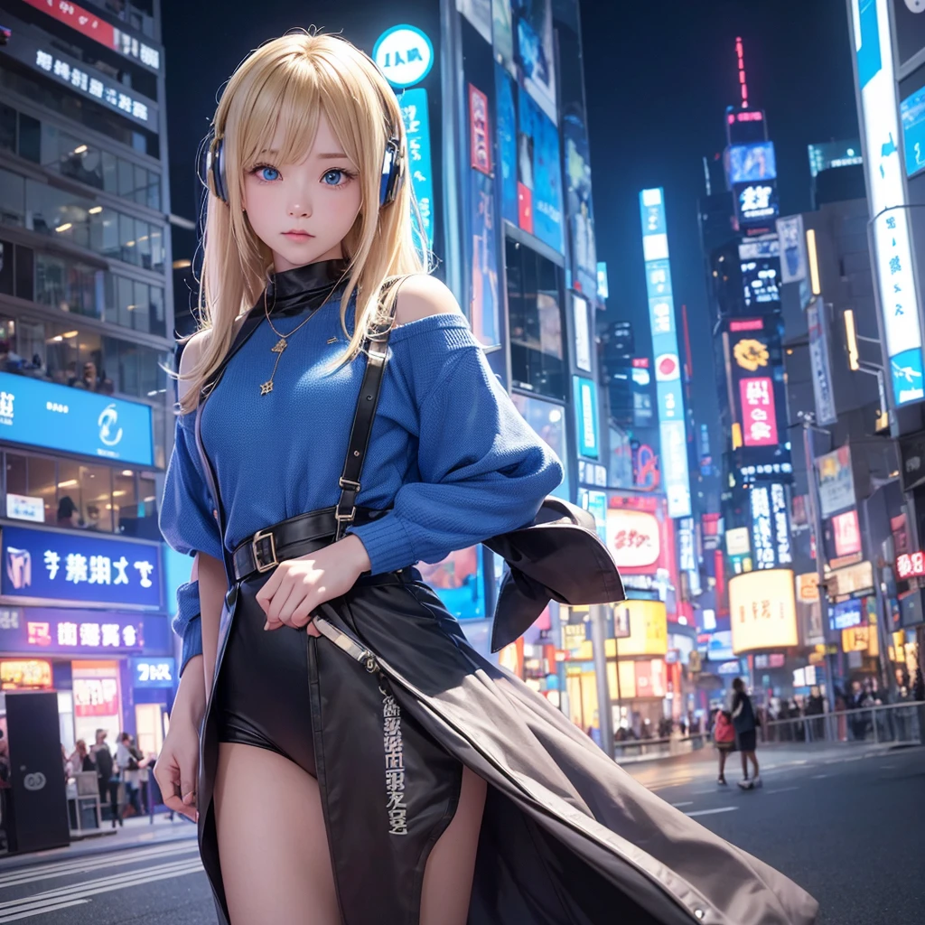 title: "The magical blue light of Shinjuku"
explanation:
This work、This is an image of a blonde girl with short hair in a dark room.。Her eyes shine blue、Dressed like a rapper。There are headphones on my head、She seems to be lost in her own world。
This work4Kの高画質で描かれており、The room is lit with blue light、It creates a fantastic atmosphere。The room is a small space like a 1K.、You can see Shinjuku's downtown area from the window.。The city is bright at night、The lights of the buildings and the shining signs are a beautiful sight.。
This work、It represents a moment away from the hustle and bustle of the city to focus on yourself and your music.、It depicts a girl with blue eyes and blonde hair having a nice time while looking at the night view of Shinjuku.。