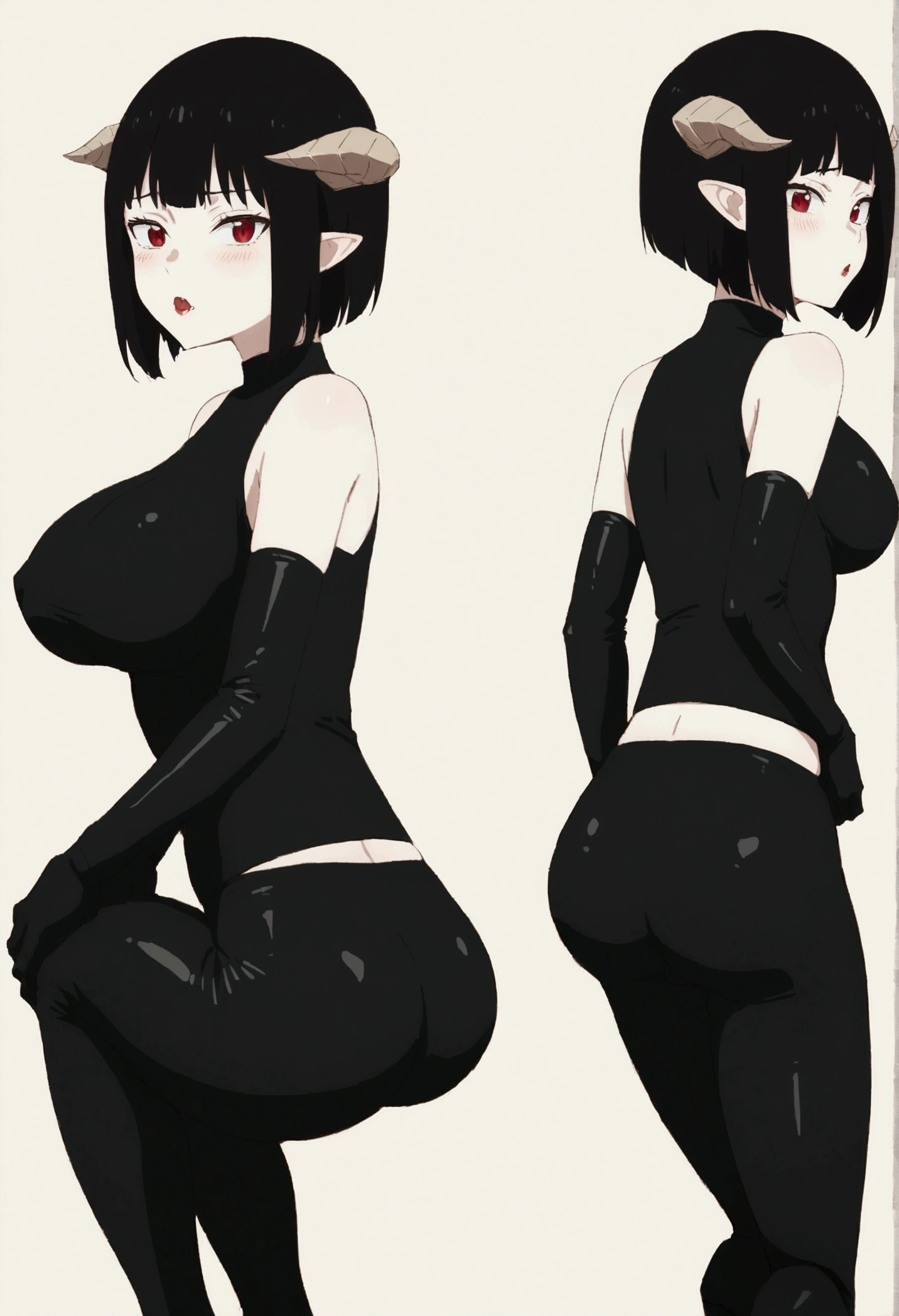work of art, best qualityer, high qualiy, standing alone, looking ahead at viewer, (latex sports uniform: 1.2), T-side binding, standing with your back to the viewer, gazing at viewer, from low, buttocks showing, squatting down de costas, from behind, squatting down, crotch exposed, sexual expression, fangs,Bblack hair,horns on the head,red eyes glowing,ashamed,blushed,big breasts