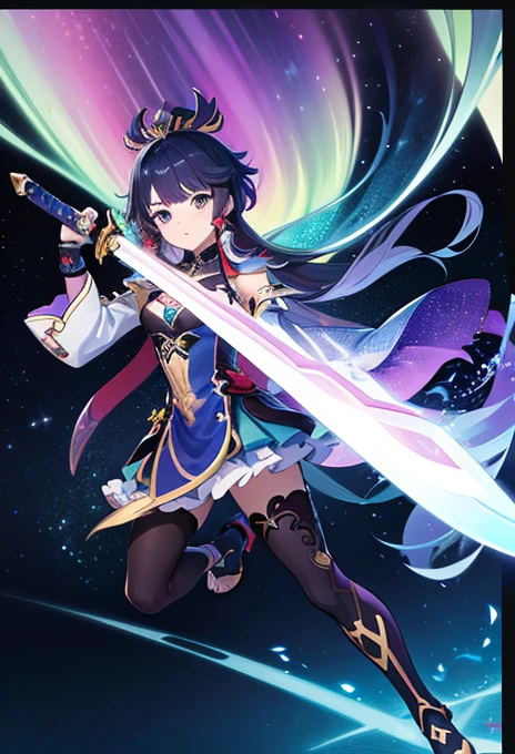 Anime character holding a sword and a green light, Gear Aurora Borealis, detailed Key Anime Art, Villain Anime Girl, Genshin Impact characters, Ayaka Genshin Impact, Batroid Mode, high detailed Official Artwork, Key Anime Art, Official Art, Official Artwork, Shadowverse Style, Holographic Blade!, Official character art, Best anime 4k konachan wallpaper