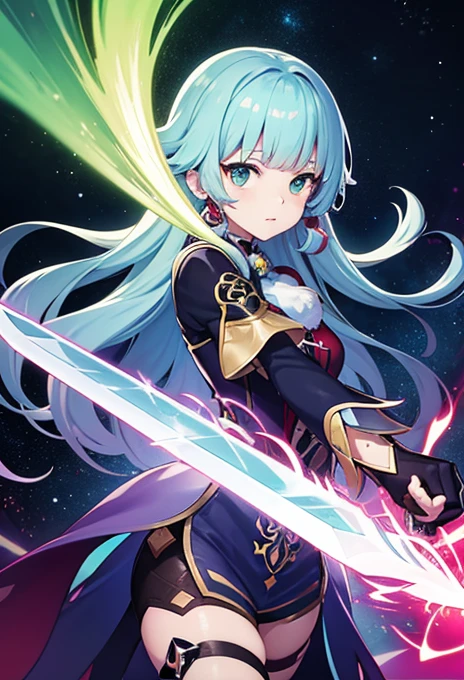 Anime character holding a sword and a green light, Gear Aurora Borealis, detailed Key Anime Art, Villain Anime Girl, Genshin Impact characters, Ayaka Genshin Impact, Batroid Mode, high detailed Official Artwork, Key Anime Art, Official Art, Official Artwork, Shadowverse Style, Holographic Blade!, Official character art, Best anime 4k konachan wallpaper
