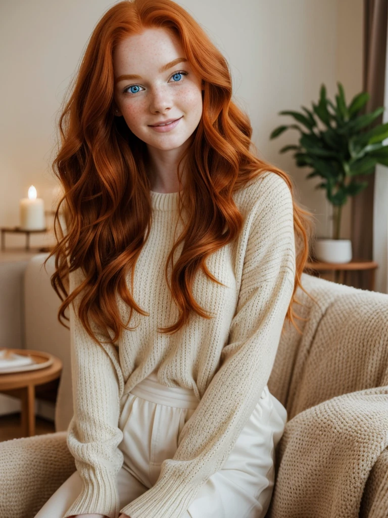 A happy, full body beautiful photo of the most beautiful redhead young woman, natural beauty, no makeup with pale skin, long wavy rich ginger hair, blue eyes, hollow cheeks, freckles on face and body, wearing an elegant sweather in a cozy living room (Ultra details, High Quality)