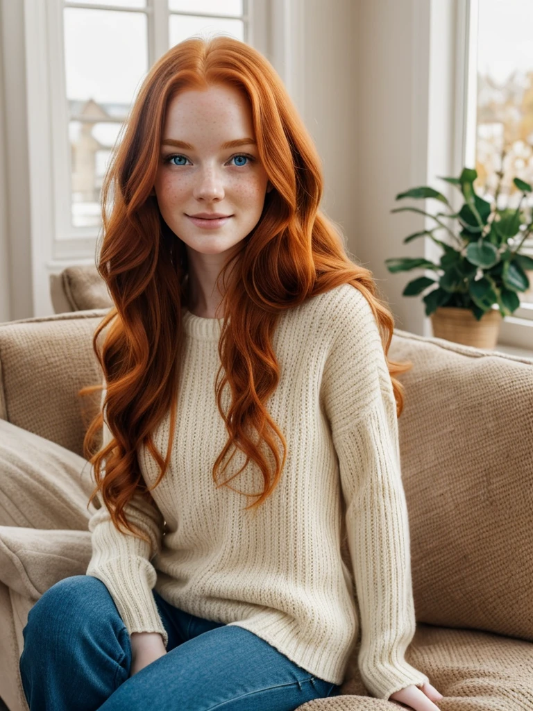 A happy, full body beautiful photo of the most beautiful redhead young woman, natural beauty, no makeup with pale skin, long wavy rich ginger hair, blue eyes, hollow cheeks, freckles on face and body, wearing an elegant sweather in a cozy living room (Ultra details, High Quality)